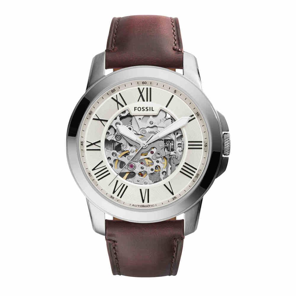 Fossil Grant Men's Automatic Watch with Off-White Dial and Brown Leather Strap ME3099