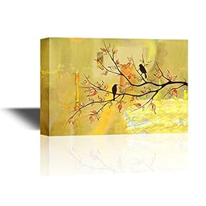 Two Birds on Tree Branches on Vintage Yellow Background