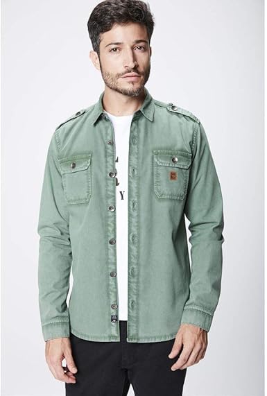 camisa jeans verde militar masculina