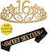 MEANT2TOBE 16th Birthday Sash and Tiara for Girls - Fabulous Set: Glitter Sash + Stars Rhinestone Gold Premium Metal Tiara, 16th Birthday Gifts for Sweet 16 Birthday Party