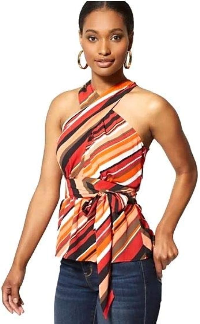 New York & Co Womens Stripe Crossover Halter Blouse(M) at Amazon Women’s Clothing store