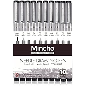 Set of 10 Black Micro-Pen Fineliner Ink Pens, Anti-Bleed & Waterproof Archival ink,Brush & Calligraphy Tip Nibs - Artist Illustration, Office Documents, Scrapbooking, Technical Drawing