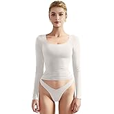 SUUKSESS Women Double Lined Fitted Basic T Shirts Scoop Neck Long Sleeve Crop Top