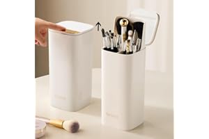 Esdallina Automatic Lifting Makeup Brush Holder with Lid Dustproof Cosmetic Organizers for Vanity-White