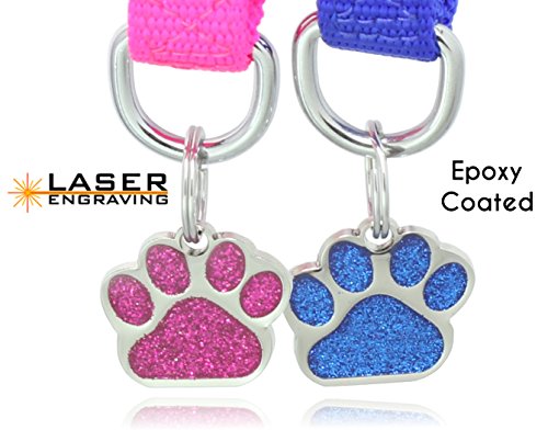 Epoxy Coated Laser Etched Glitter Paw Pet ID Tags Custom Personalized for Dog & Cat Paw Print Tag (1-pc with Epoxy)