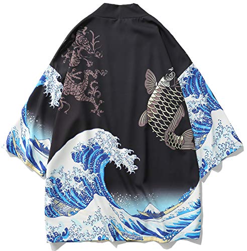 Men's Japanese Harajuku Fish Printed Kimono Cardigan Jackets Streetwear (Fish Black, Large)