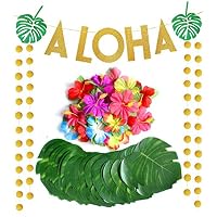 117 Pcs Palm Leaves Hibiscus Flowers Artificial Leaves Hawaiian Aloha Party Decorations Large Gold Glittery Aloha Banner Hawaiian Party Supplies Tropical Palm Leaves Tropical Party Decorations Tropical Leaves Decoration for Luau Party Supplies Favors