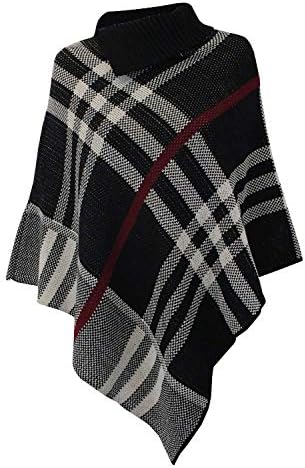 JZ Clothes Women's Checked Knitted Winter Poncho Red Band Wrap Shawl Cape
