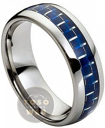 Men's 8mm Semi-Dome Tungsten Ring w/ Blue &amp; White Carbon Inlay Center TS2040 - s9