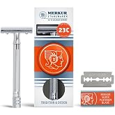 MERKUR 23C Double Edge Safety Razor - Polished Chrome, Long Knurled Brass Handle, Made in Germany, Plastic-Free, Three Piece Design, Closed Comb, Straight Bar