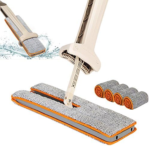 Juliona Double Sided 360 Automatic Easy Self Wringing Squeeze Lasy Flat Floor Wet &amp; Dry Microfiber Cloth lazy Slippers Mop for Bathroom, Kitchen, Wall, Tile and Hard wood Floor (4 CLOTHS)