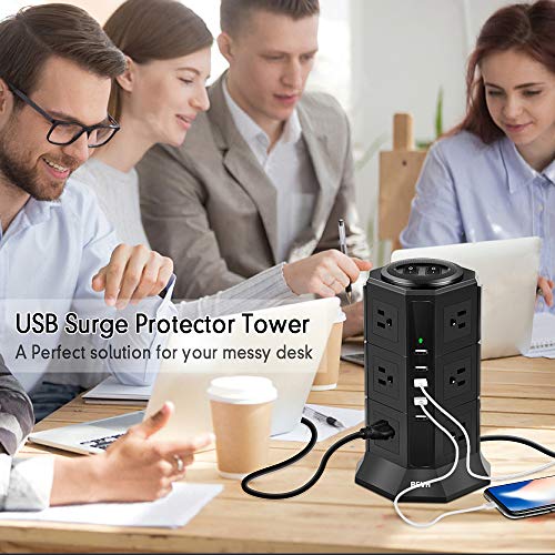 Power Strip Tower - BEVA 12 AC Outlets 5 USB Ports Charging Station 1875W/15A, 1050 Joules Multi Protection with 6ft Heavy Duty Long Extension Cord for Home Office, ETL Listed