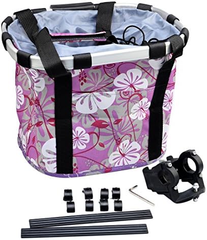 Front Bike Basket,Yanun Cycling Bicyle Front Handlebar Basket Bike Basket Carrier Tote Folding Handlebar Bag, 600D Oxford Aluminium Alloy Frame, Drawstring Closure - Purple Flower