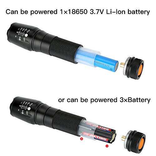 BAKTH Super Bright CREE XML T6 LED Tactical Flashlight, Outdoor Handheld Zoomable Adjustable Focus 5 Light Modes Water Resistant Torch with USB Charger & 18650 Rechargeable Battery