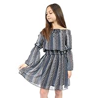 Smukke, Big Girls Tween Elegant Printed Chiffon Off The Shoulder Long Sleeves Dress (Multiple Colors), 7-16 (10, Brown Multi)