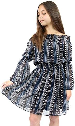 SmukkeBig Girls Elegant Floral Printed Off The Shoulder Long Sleeves Dress and Rompers, 7-16