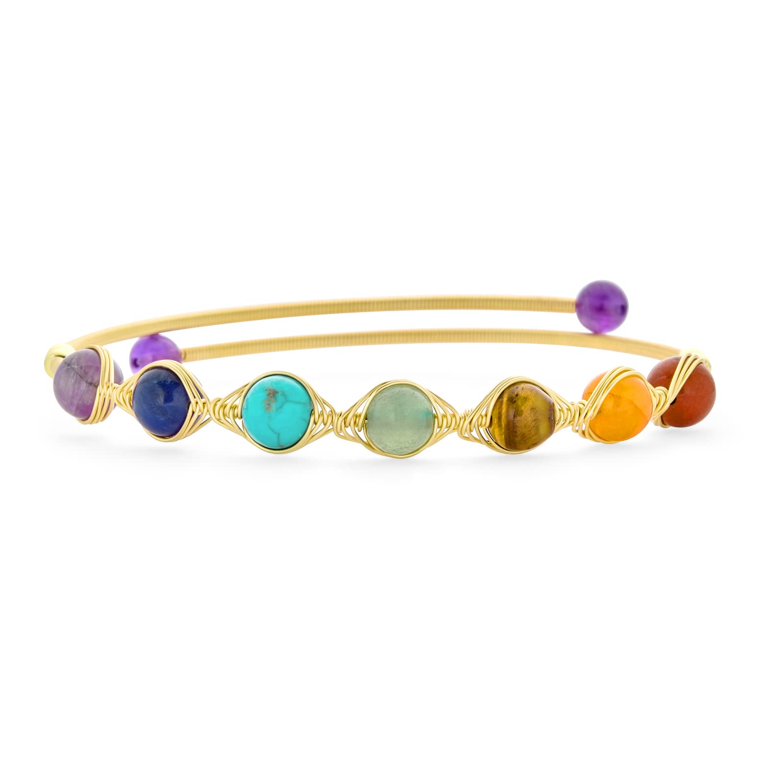 Bling Jewelry Spiritual Multicolor Colorful Healing Gemstone Yoga Wire Wrap Beads Strand Chakra Bangle Bracelets Prayer Meditation Relax For Women Teen 18k Gold Plated