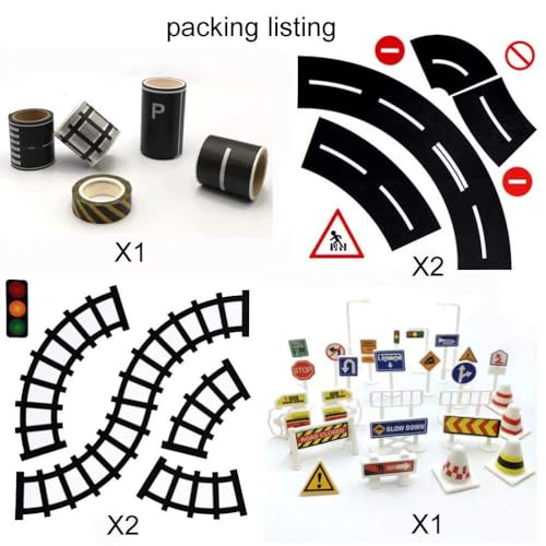 TERRIFI Play Road Tape for Toy Cars & Trains, 3 Rolls of Black Tape, Each 197 inch x 1.9 inch, Includes Traffic Signs, Sticks to Floors and Walls, Easy Cleanup, No Residue, Kids Gift