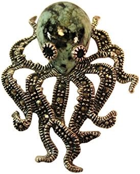 Turquoise Octopus Pendant in Sterling Silver, Delicate Sterling Chain, Marcasite Accent Stones