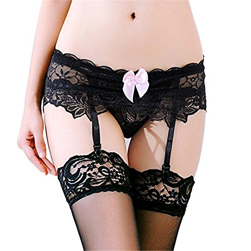 MISMXC Women's 3 Pieces Lace Garter Belt Stockings Sets with Butterfly Panty (Black 2#)