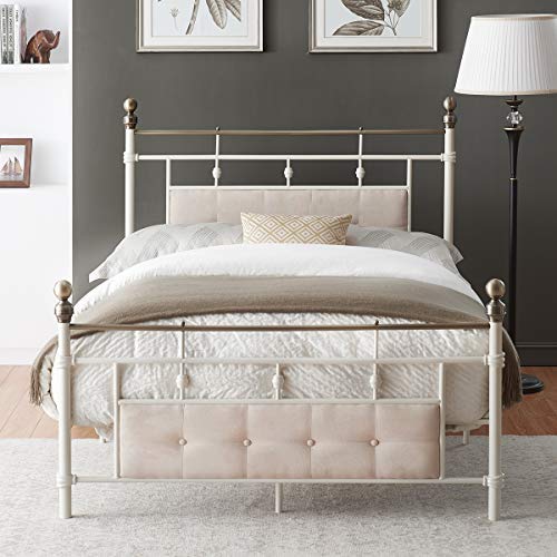 O&K Furniture Ivory-White Modern Metal Platform Bed Frame with Elegant Upholstered Headboard and Footboard, Noise Free (Full Size)