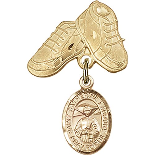 Gold Filled Baby Badge with St. Catherine Laboure Charm and Baby Boots Pin 1 X 5/8 inches