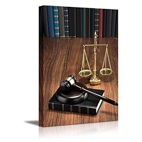 Canvas Prints Wall Art - Wooden Gavel on Book with Golden Scale on Table Justice Concept | Modern Wall Decor/Home Decoration Stretched Gallery Canvas Wrap Giclee Print & Ready to Hang - 18" x 12"