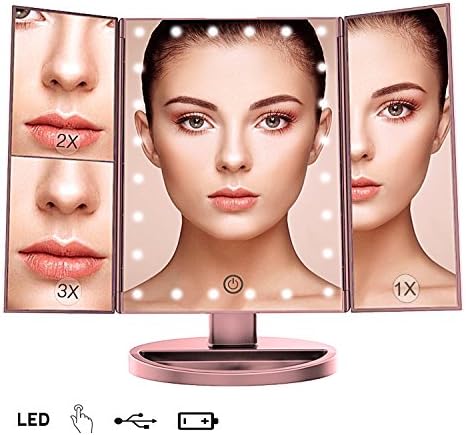 Trifold LED Lighted Makeup Vanity Mirror with 1x2x3x Magnification Touch Screen Dimmable Brightness 180 Rotation High Definition Clarity Gift For Teen Girl Mother Wife Room Decor (rose gold)