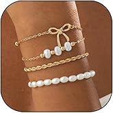 LOOKLITE Gold Bow Bracelet for Women Beaded Pearl Bow Bracelet Set Paperclip Chain Stackable Stretch Bracelets Beads Pearls Ribbon Bracelets Stack Birthday Christmas Holiday Party Jewelry Accessories