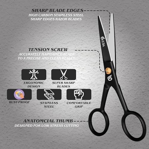 OCBA Beard Scissors, Professional Moustache Scissors, Ear Nose Hair Cutting Scissors Stainless Steel, Safe Use for Eyebrows (Black)