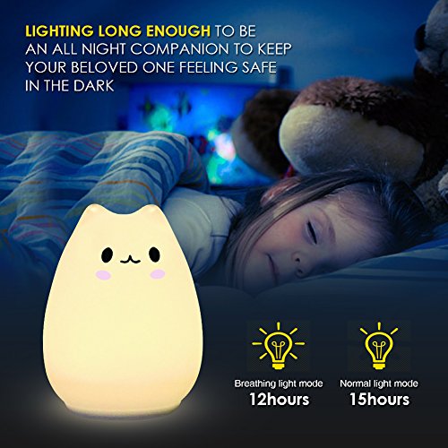 Children Night Light, Elfeland Remote Control LED Cute Silicone Cat Lamp 12+1 Colors/6 Lighting Modes/USB Rechargeable/Timing Off for Baby Kids Bedside Bedroom Nursery Birthday Gift Valentine Present