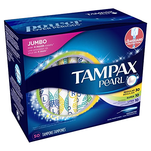 Tampax Pearl Plastic Tampons, Multipack, Light/Regular/Super Absorbency, Unscented, 50 Count