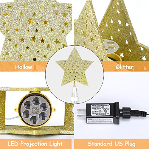Yostyle Christmas Tree Topper Lighted Star Tree Topper with LED Rotating Snowflake Projector Lights,3D Hollow Golden Star Snowflake Tree Topper for Xmas Tree Decorations