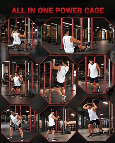 All in One Power Cage Squat Rack with LAT Pulldown & Cable Pulley System, 1200LBS Home Gym Power Rack with Dip Bars, Pull Up Bar, Weight Rack for Bench Press & Strength Training