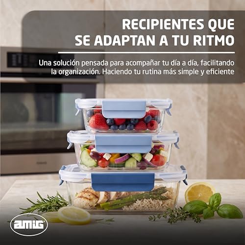 - Lote 3 Contenedores Herméticos de Vidrio - 370ml, 640ml, 1050 ml - Transparente - Tapa de polipropileno - Aptos para Almacenar, Transportar y Calentar Alimentos - Mod. 700