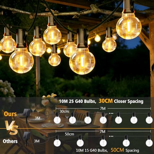 LED Fairy Lights Outdoor Solar 10 m Fairy Lights 25 + 2 G40 Bulbs Timer | Remote control, auto on/off, waterproof, dimmable, 8 modes, garden, patio, wedding, balcony decoration, warm white