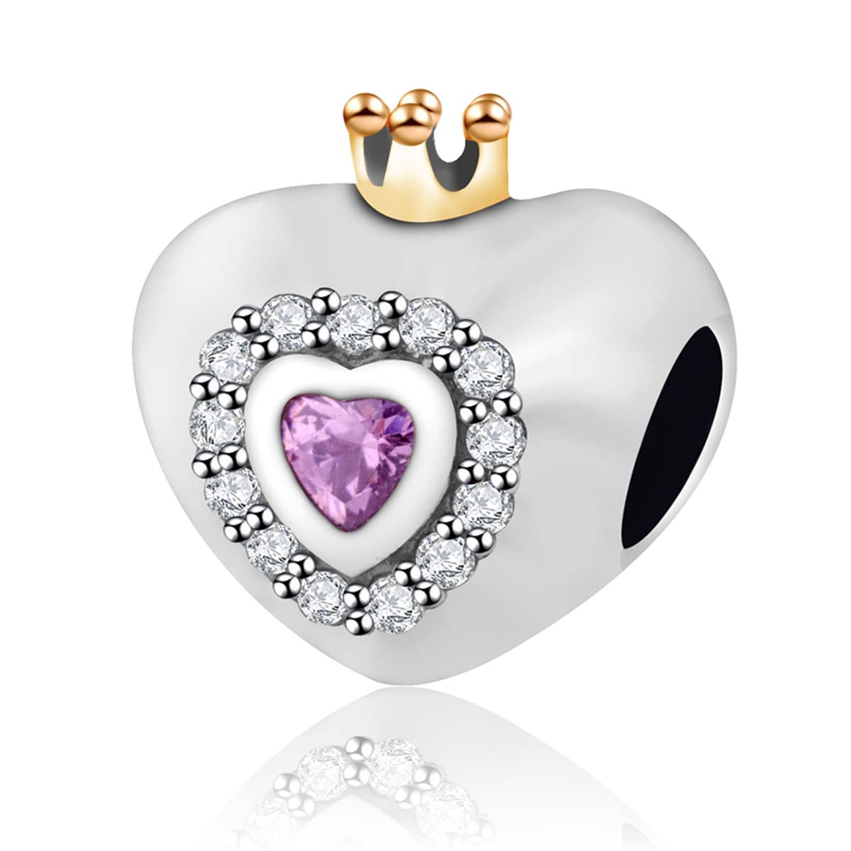 Princess Heart Charms with Crown, Fit Pandora Valentines Bracelet, 925 Sterling Silver I Love You Regal Heart CZ Wedding Anniversary Beads, Gift for Daughter/Wife/Best Mum