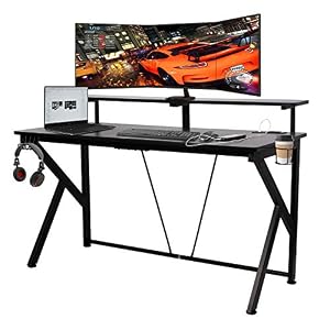 COZUHAUSE 55″ Black Large K-Shaped Gaming Desk for Man with USB Charging Port,Removable Stand,Honeycomb Texture,Headphone Hook and Cup Holder Gaming Table Workstation