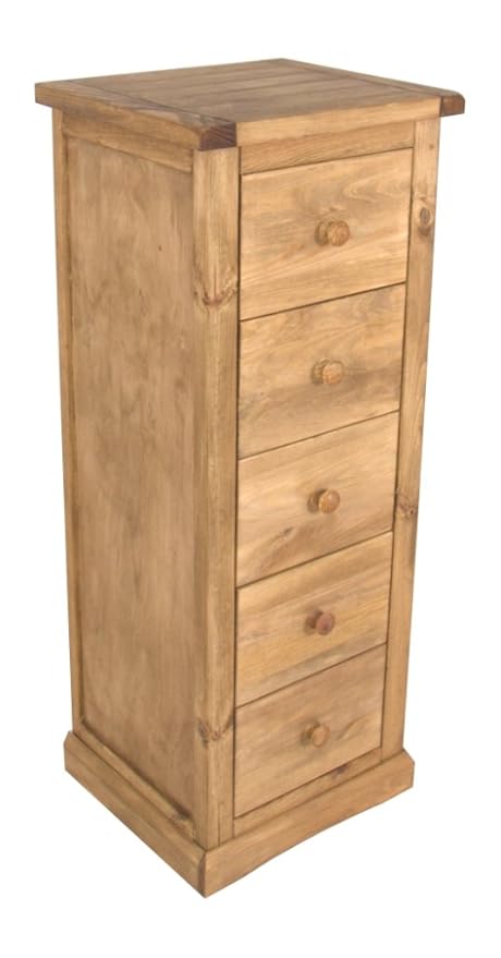 Lucca Ltd Waxed 5 Drawer Narrow Chest Drawers Tallboy Wood Knobs