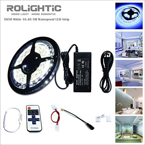 RoLightic 5M 16.4Ft 5050 Flexible Led Strip Lights Daylight White 6000K 300LEDs,Dimmable,IP20 Led Tape Light with 12V Adpater and RF Wireless Remote Dimmer (5050 Daylight White Non-Waterproof Kit)