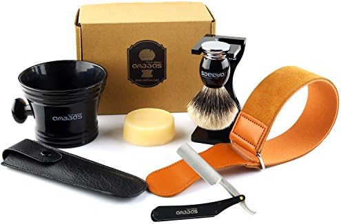 Shaving Brush Silvertip Badger Hair,7pcs Anbbas Shaving Set with Black Acrylic Brush Holder,Shaving Soap 100g,Resin Mug,Stainless Steel Straight Razor,Leather Travel Bag and Razor Strop for Men