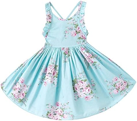 Girls Floral Princess Dress Back Harness Design Dress Vintage Print Dress For Toddler Girls (6/7, blue)