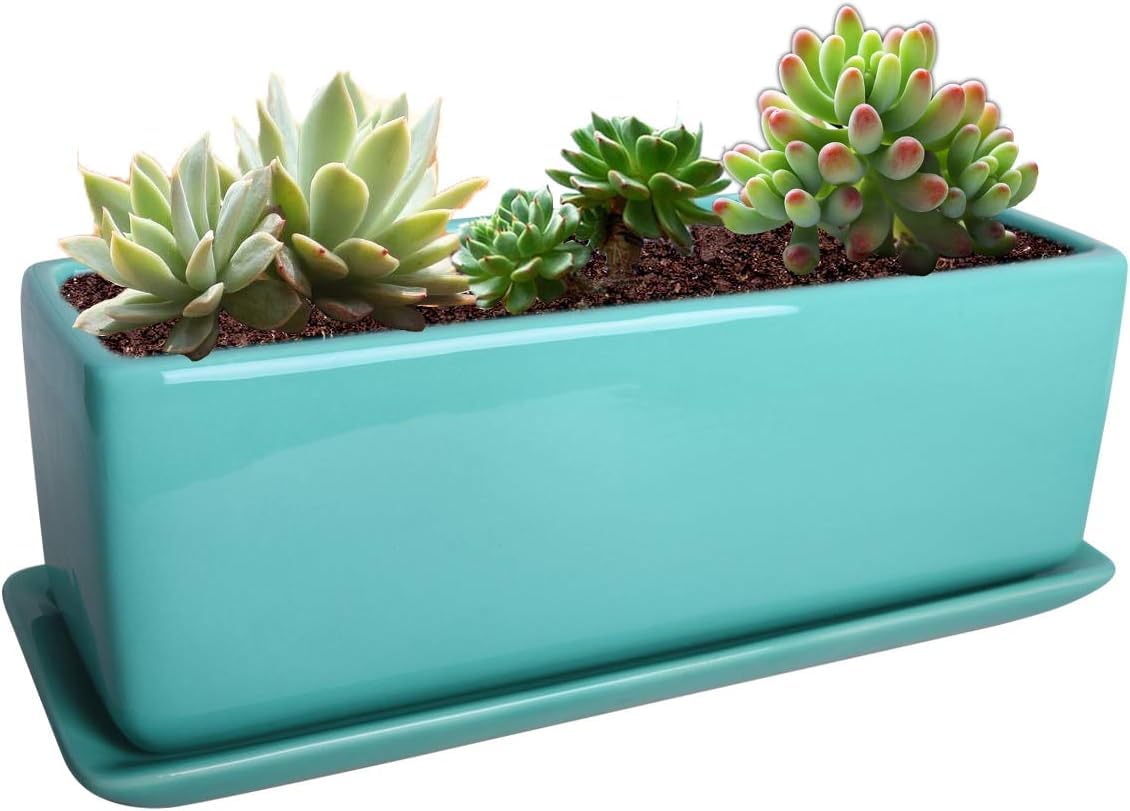 Photo 1 of Vencer 14 Inch Rectangular Modern Minimalist Ceramic Succulent Planter Pot - Window Box with Saucer,Office Desktop Potted Stand,Turquoise,VF-0173T