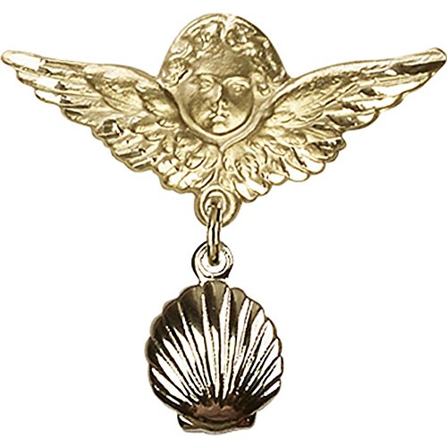 Gold Filled Baby Badge with Shell Charm and Angel w/Wings Badge Pin 1 X 1 1/8 inches