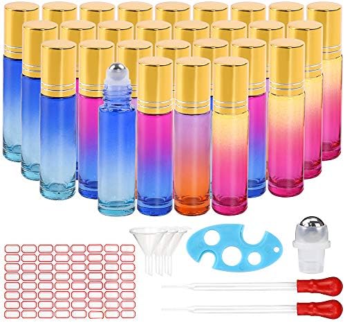36pcs Glass Roller Bottle for Essential Oil 10ml with Glass Pipettes, Plastic Funnels, Opener and Label by Superlele