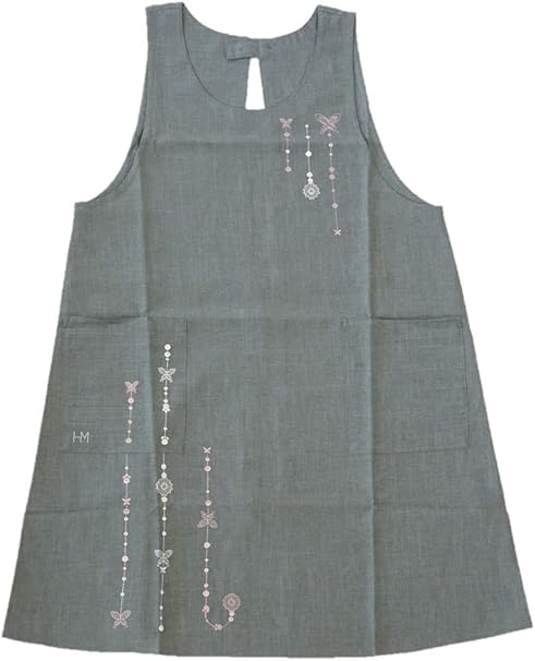 Amazon ブランド エプロン Hanae Mori 森 英恵 ハナエ モリ 洗濯しても しわになりにくい ポリエステル 素材の チョウ の 刺繍 の キッチン エプロン グレー エプロン オンライン通販