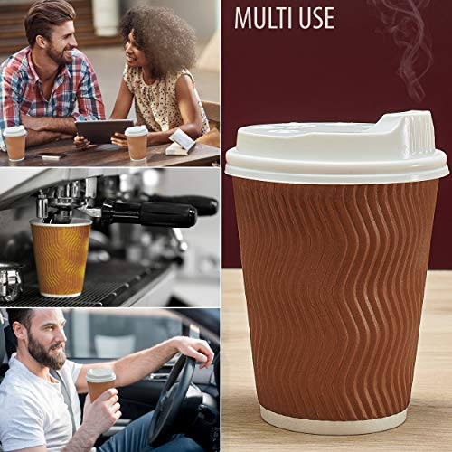 Insulated Disposable Coffee Cups with Lids & Straws 12 oz, 100 Packs - Paper Cups for Hot Beverage Drinks To Go Tea Coffee Home Office Car Coffee Shop Party - FDA Approved (brown) - Thumbnail 6