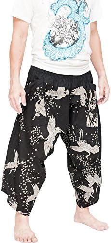 BohoHill Ninja Warrior Samurai Harem Pants Unisex Trousers Japanese Crane Black