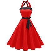 Timormode Womens Halter 1950s Dress Tea Party Swing Cocktail Dresses | Polka Dot and Solid Color Styles, Audrey Hepburn Dresses, A-Line Retro Cocktail Dress, Tea Party and Wedding Guest Occasions