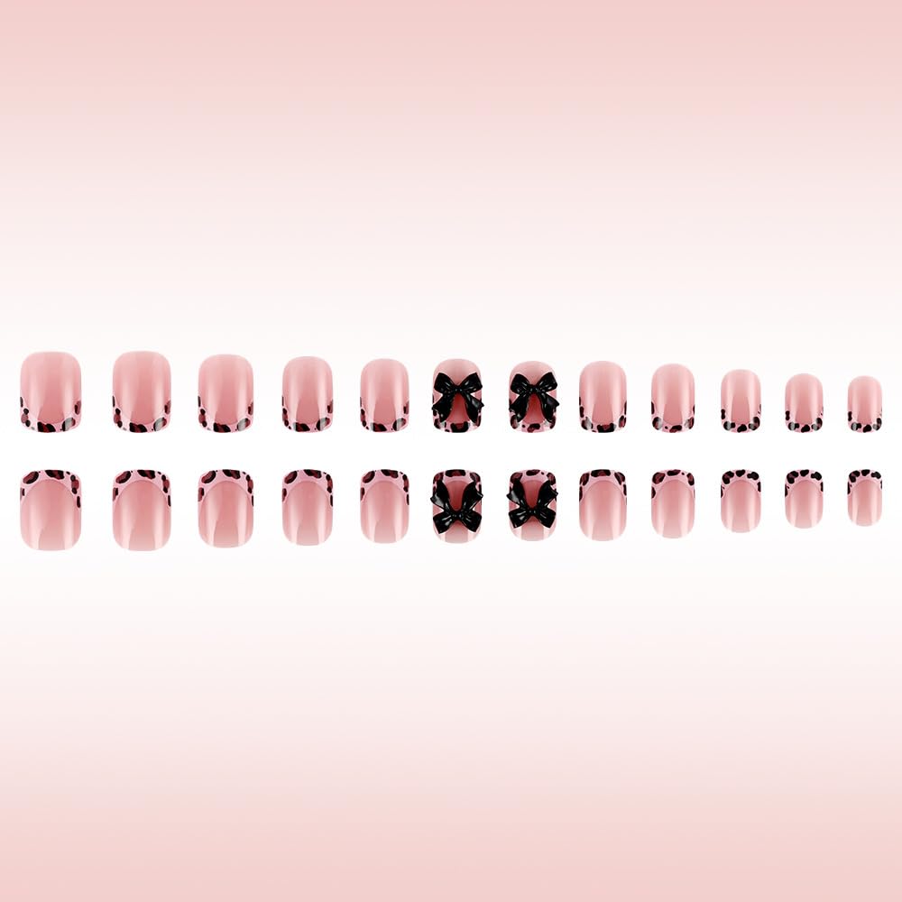 24 Pcs French Pink Press on Nails Short Square 3D Bow Texture Design - YIHONGYAN Spring Acrylic Nail Art Kit Fake Nails Press ons Nail Tips Full Cover Leopard Print False Nails for Women Manicure - Image 4